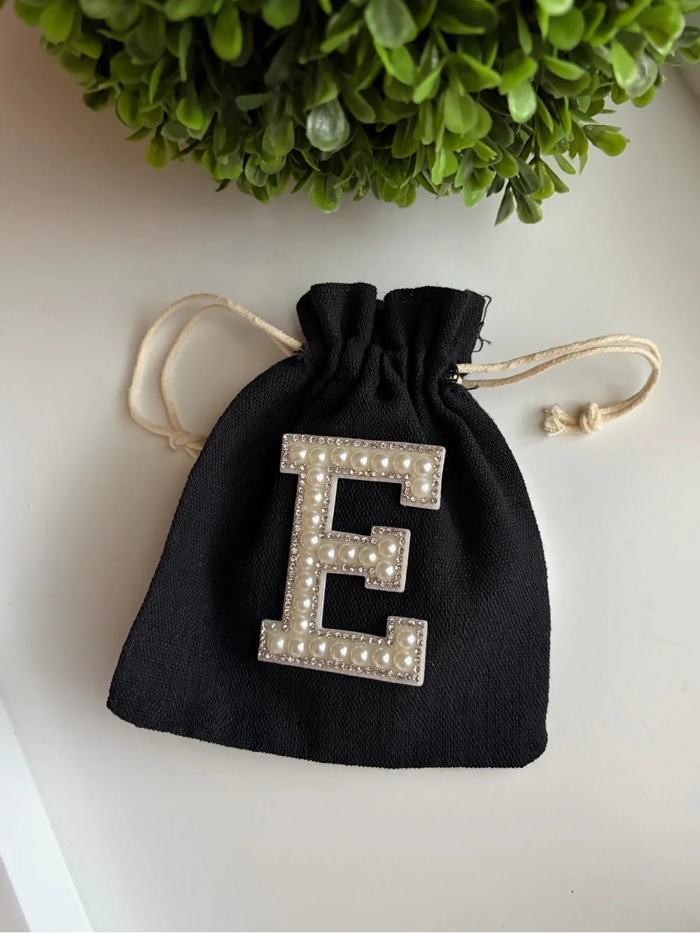 Black Drawstring Pouch with Pearl-Embellished Initial Accent - choose one
